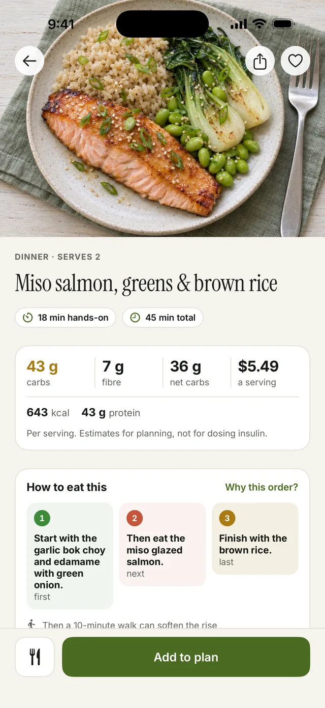 A recipe in the app: miso salmon with greens and brown rice, with carbs, fibre and net carbs per serving, and the order to eat it in.